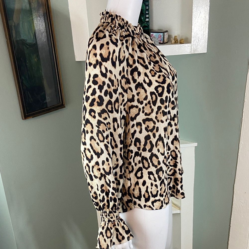 LOFT Leopard Cheetah Print Ruffle Bell Cuff Sleeve Blouse Top Shirt Small S - Picture 6 of 11